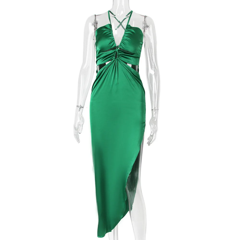 2022 Женское Атласное Платье Макси с открытой спиной, Облегающее грудь, Сексуальное Тонкое Вечернее Платье на бретельках для летней Леди, Халат Vestidos - 4