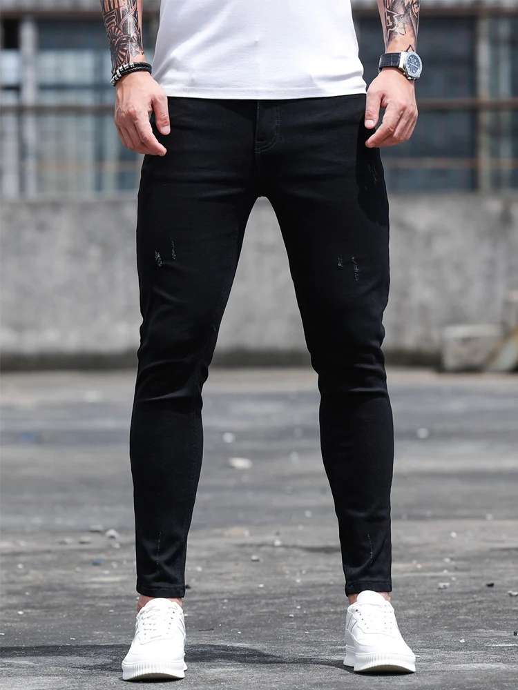 2023 Высококачественные Черные Обтягивающие джинсы Мужские Облегающие Повседневные Джинсовые брюки Стрейч Мужские Джинсы Однотонные Повседневные Классические брюки-карандаш - 0