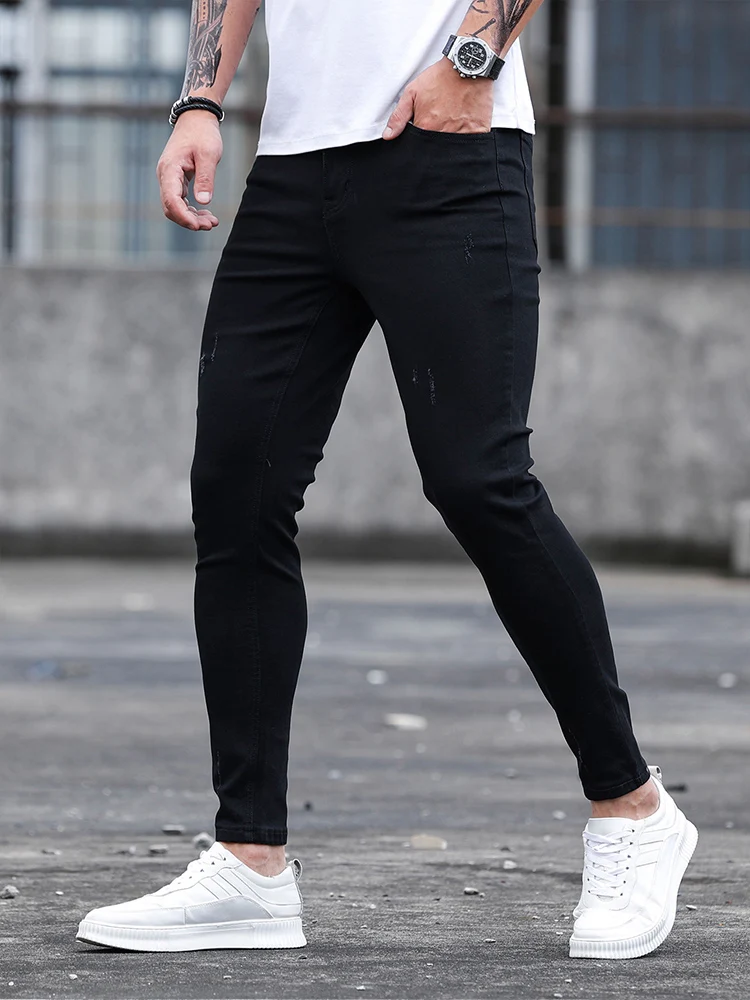2023 Высококачественные Черные Обтягивающие джинсы Мужские Облегающие Повседневные Джинсовые брюки Стрейч Мужские Джинсы Однотонные Повседневные Классические брюки-карандаш - 1