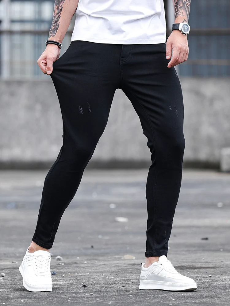 2023 Высококачественные Черные Обтягивающие джинсы Мужские Облегающие Повседневные Джинсовые брюки Стрейч Мужские Джинсы Однотонные Повседневные Классические брюки-карандаш - 2