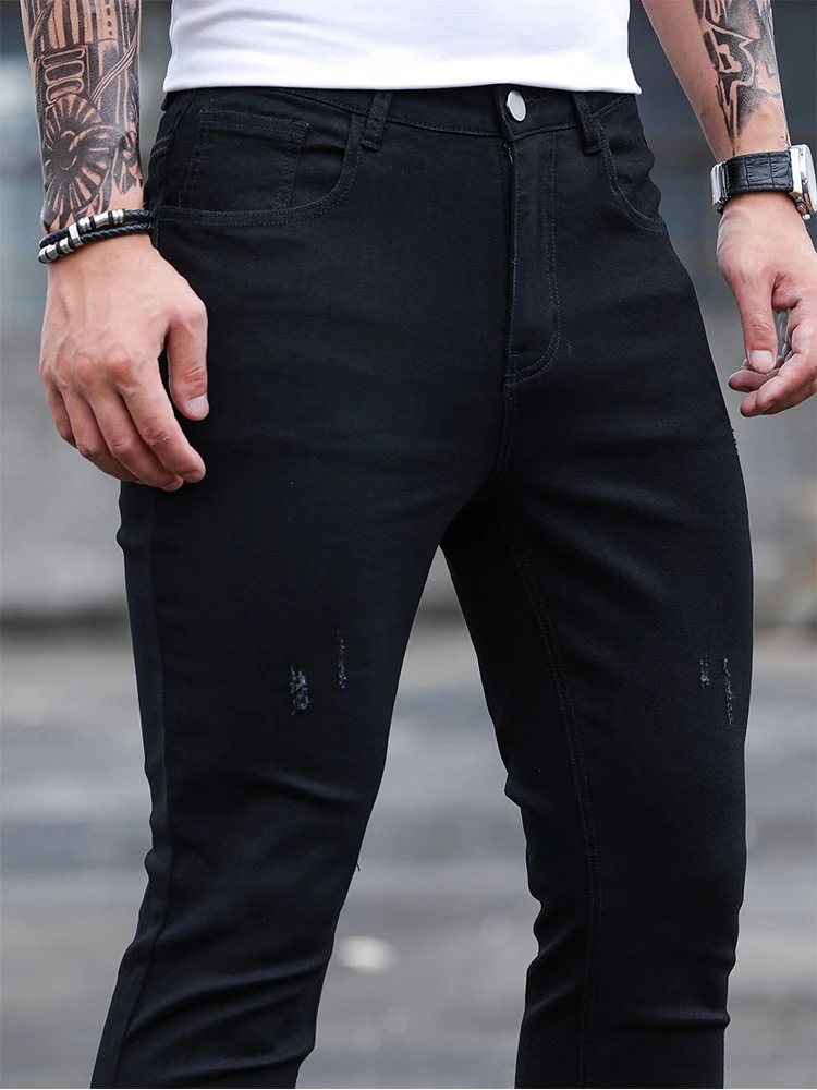 2023 Высококачественные Черные Обтягивающие джинсы Мужские Облегающие Повседневные Джинсовые брюки Стрейч Мужские Джинсы Однотонные Повседневные Классические брюки-карандаш - 5
