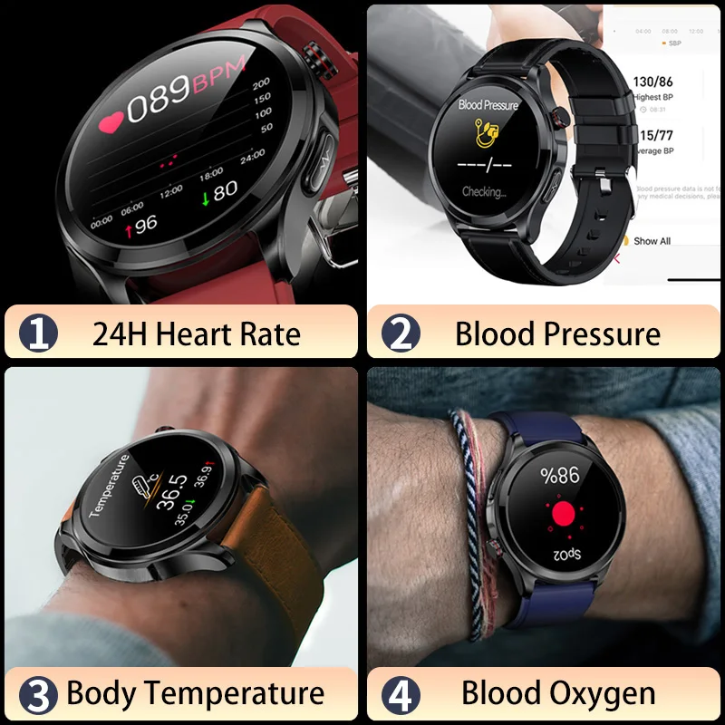 AMOLED Здоровая Температура тела Смарт-Часы Мужские Bluetooth Вызов 360*360 HD Экран Спортивные Кровяное Давление Частота сердечных Сокращений Уровень Сахара В Крови Sm - 4