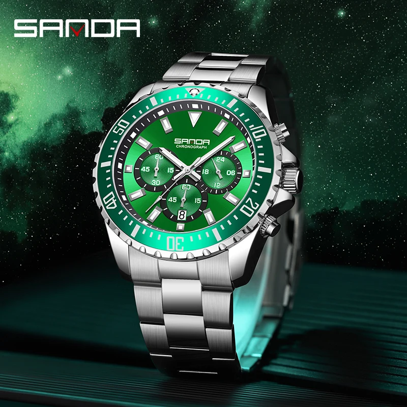 SANDA Роскошные Мужские кварцевые часы с календарем на стальной ленте, простые три глаза, шесть игл, Зеленый Водяной призрак, флуоресцентные мужские часы 5306 - 0