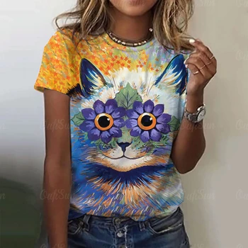 2023, Новая модная женская футболка, Женская футболка с 3D забавным принтом кошек, Кавайная рубашка, Женская одежда, летние блузки большого размера, топы больших размеров
