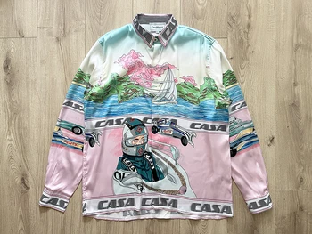 2023ss Рубашка Casablanca С Длинным Рукавом Для Мужчин И Женщин, Гавайский Пляж, Гавайский Автомобильный Топ С Принтом, Шелковые Рубашки