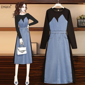 EHQAXIN, модное женское платье 2023, осенняя новинка, Элегантная повседневная джинсовая панель, корейские платья с длинным рукавом для дам M-4XL
