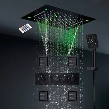 hm Современная система Водопадного тропического душа Для ванной Комнаты Черный Кран Встроенный Потолочный светодиодный душ С термостатическими Отклоняющими клапанами