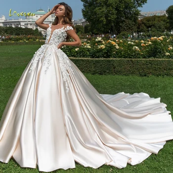 Loverxu, Бальное платье Принцессы с Круглым вырезом, Свадебные платья 2023, Аппликации из бисера, 3D Цветы, Атласные свадебные платья Robe De Mariee