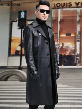 Mauroicardi Весенний длинный черный водонепроницаемый кожаный блейзер для мужчин с длинным рукавом и поясом с лацканами, осенние пальто из мягкой искусственной кожи для мужчин 5xl