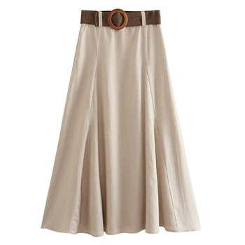 Maxdutti 2023, Новая модная Женская юбка в стиле Кантри, Женская Юбка Миди с поясом, Французская Винтажная Бежевая Льняная юбка-трапеция с высокой талией