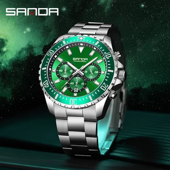 SANDA Роскошные Мужские кварцевые часы с календарем на стальной ленте, простые три глаза, шесть игл, Зеленый Водяной призрак, флуоресцентные мужские часы 5306