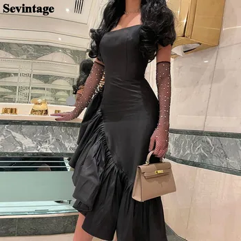 Sevintage Черные Облегающие Асимметричные платья для выпускного вечера, вечерние платья Миди из тефты на бретельках, Саудовское Арабское Женское вечернее платье
