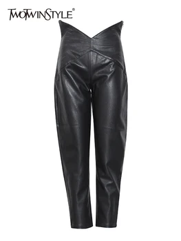 TWOTWINSTYLE Повседневные Минималистичные черные брюки Для женщин, Шаровары из искусственной кожи с высокой талией, Женская Модная Новая одежда Весна 2022
