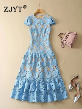 ZJYT Runway 2023, Весенне-летнее открытое кружевное платье с вышивкой, Элегантное женское платье Миди с коротким рукавом для отпуска, синее
