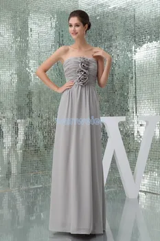 бесплатная доставка vestido longo 2015 новый дизайн горячие Пользовательские Платья подружек Невесты из серого шифона без бретелек с цветами ручной работы