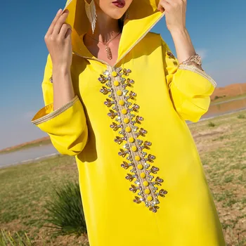 Бесплатная Доставка Ярко-Желтое Платье для ручного Шитья с золотой лентой, Мусульманская женская одежда, Платья Agbaya для женщин