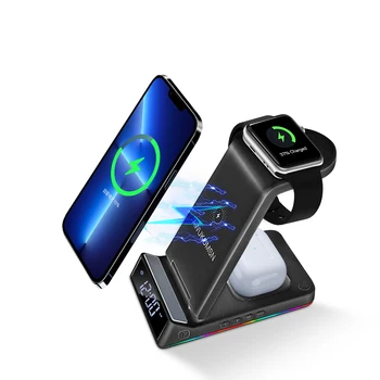 Беспроводное Зарядное устройство 3 в 1 Для iPhone 12 13 14 Pro Max 15 Вт, док-станция для быстрой зарядки Apple Watch/Airpods с лампой и часами