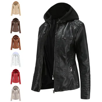 Винтажная коричневая кожаная куртка с капюшоном, двухсекционное съемное кожаное женское Осенне-зимнее пальто, Кожаные куртки для женщин