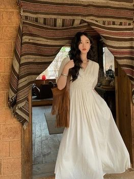 Винтажное облегающее платье для пригородных поездок с V-образным вырезом и высокой талией, женское летнее новое белое длинное платье Hepburn