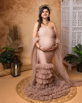 Винтажные Розовые Халаты Русалки для беременных для фотосессии с многоуровневыми оборками, платья для беременных, Сексуальные платья для Душа ребенка без рукавов