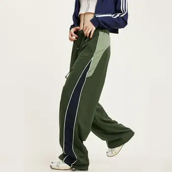 Винтажные спортивные штаны для бега Трусцой в стиле Харадзюку, Женская уличная одежда с эластичной талией, широкие брюки Оверсайз контрастного цвета, повседневные спортивные брюки 2023