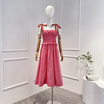 Высококачественное 2023 Розовое Милое Изящное платье миди без рукавов со шнуровкой и оборками, Летняя одежда для женщин