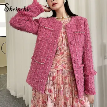 Высококачественное Дизайнерское шерстяное пальто для подиума, женская осенне-зимняя розовая клетчатая куртка 2023, Корейская мода, Chaqueta Mujer с кисточками