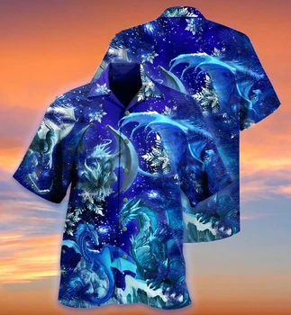 Гавайская рубашка, Пляжная летняя Гавайская рубашка Dragon Merry Xmas, Мужская футболка с 3D принтом, женские футболки в стиле хип-хоп, костюм для косплея