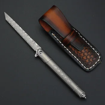 Дамасский Складной нож с лезвием, ручка из титанового сплава, Высокая твердость, Походный нож, кемпинг, EDC, инструмент, нож, включая ножны