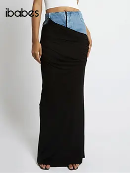 Джинсовая юбка в стиле пэчворк с высокой талией для женщин, Контрастный черный цвет, Плиссированные Модные Длинные Юбки Весной 2023 года, Новые офисные женские туфли