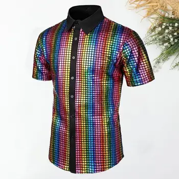Дышащая рубашка Винтажная дискотека 70-х, мужская клубная рубашка со светоотражающими блестящими пайетками, отложной воротник, короткий рукав, пуговицы для мужчин