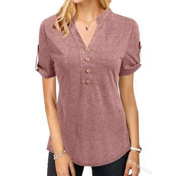 Женская футболка, модный однотонный облегающий пуловер на пуговицах, топы, Женская повседневная футболка с коротким рукавом и V-образным вырезом