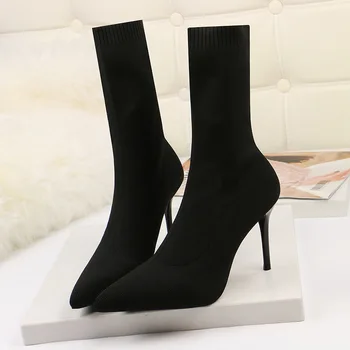 Женские эластичные сапоги на высоком каблуке 7 см 9 см, Фетишистские женские ботинки с носками, Сексуальные каблуки для Стриптиза, Женская теплая зимняя обувь, женские модные ботинки