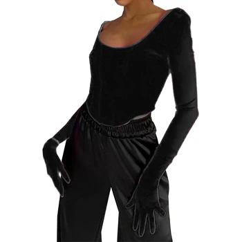 Женский укороченный топ с квадратным вырезом и длинным рукавом, однотонные облегающие футболки с перчатками