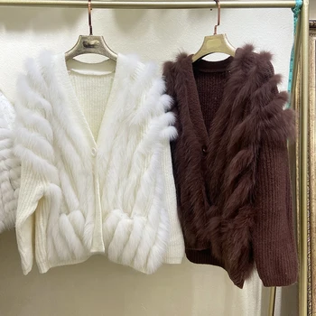 Женское вязаное пальто из натурального лисьего меха 2023, Осень-зима, Новый Свободный однобортный свитер в полоску из лисьего меха в стиле пэчворк с карманами