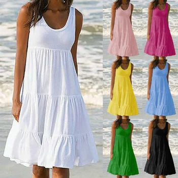 Женское мини-платье без рукавов с круглым вырезом и оборками; Однотонный пляжный сарафан в стиле Бохо; Свободное платье большого размера; Летняя Ослепительная пляжная юбка 2023