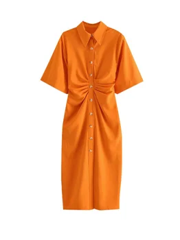Женское Модное платье-рубашка с отложным воротником и пуговицами, платье-поло, Винтажное Женское платье с коротким рукавом и боковой молнией, топ на бретелях