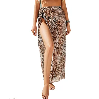 Женское Модное пляжное платье с леопардовым принтом, Женское шифоновое платье с запахом на шнуровке, юбка-бикини, Халат