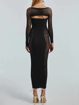 Женское прозрачное сетчатое платье Макси с длинными рукавами и вырезами - Sexy Solid Bodycon Y2K Clubwear
