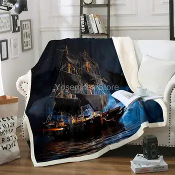 Замок Сказочная Лодка Под Ночным 3D Принтом Фланелевое Одеяло Диван Кресло Кровать Мирный Океан Большой Корабль Парусный Шерпа Плед