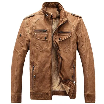 Зимняя куртка Мужская со стоячим воротником из мотоциклетной кожи s Plus, бархатная, стираемая, ретро Pu, мужские утепленные пальто