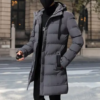 Зимняя мужская куртка с капюшоном, Хлопковая стеганая мужская куртка с длинным рукавом, Ветровка средней длины на шнурке, однотонная теплая мужская верхняя одежда
