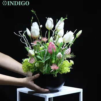 ИНДИГО-фиолетовый цветок тюльпана в центре, 1 комплект, Бонсай с горшком, Искусственная Калла для вечеринки, Индивидуальная цветочная композиция для стола, 1 комплект