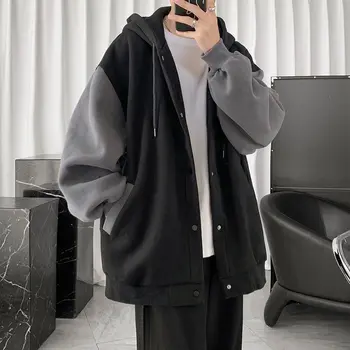 Корейская модная мужская толстовка в стиле пэчворк, Свободная однобортная Мужская одежда, хип-хоп, Повседневное флисовое осенне-зимнее пальто с капюшоном