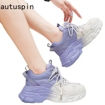 Кроссовки на платформе Autuspin Высотой 6 см, женские Зимние осенние модные разноцветные дышащие вулканизированные туфли из натуральной кожи, женская