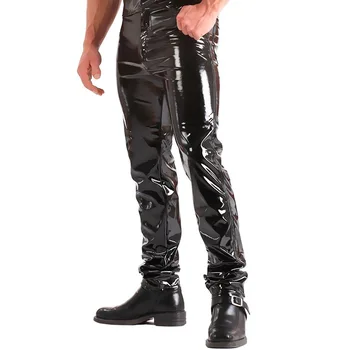 Латексные мужские брюки, блестящие брюки из искусственной кожи с мокрым эффектом, модные обтягивающие брюки для выступления рок-группы на клубной сцене