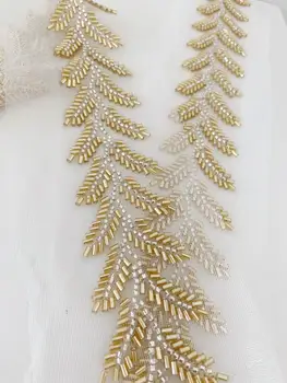 Ленточный пояс длиной 10 ярдов с золотыми листьями из бисера, отделка серебряными каплевидными бусинами для свадебного пояса, аксессуаров для одежды, свадебного платья