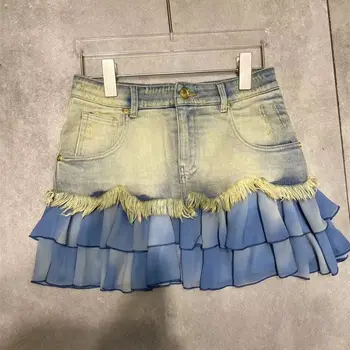 Летняя новая модная джинсовая юбка контрастного цвета в стиле пэчворк с оборками на подоле, женская мини-юбка с бахромой Y3879