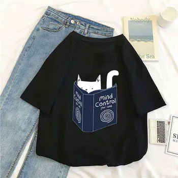 Летняя Новая футболка с принтом книги Cat Mind Control, Унисекс, чистый хлопок, Круглый вырез, 14 цветов, Короткий рукав, хип-хоп, Свободный Повседневный топ