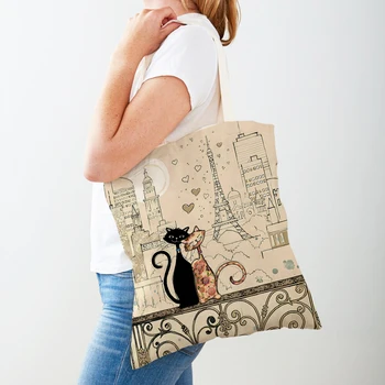 Милая Элегантная Женская сумка для покупок с черным котом, сумка-тоут, Холщовая ткань с принтом домашних животных, Двухсторонние женские сумки для покупок через плечо